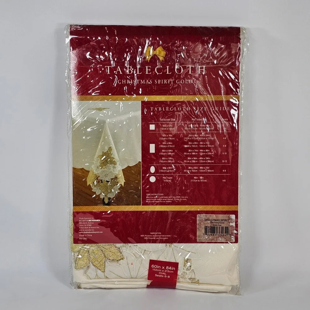 Bed Bath & Beyond Christmas Spirit Gold Tablecloth 60x84 Oval Ivory Poinsettia